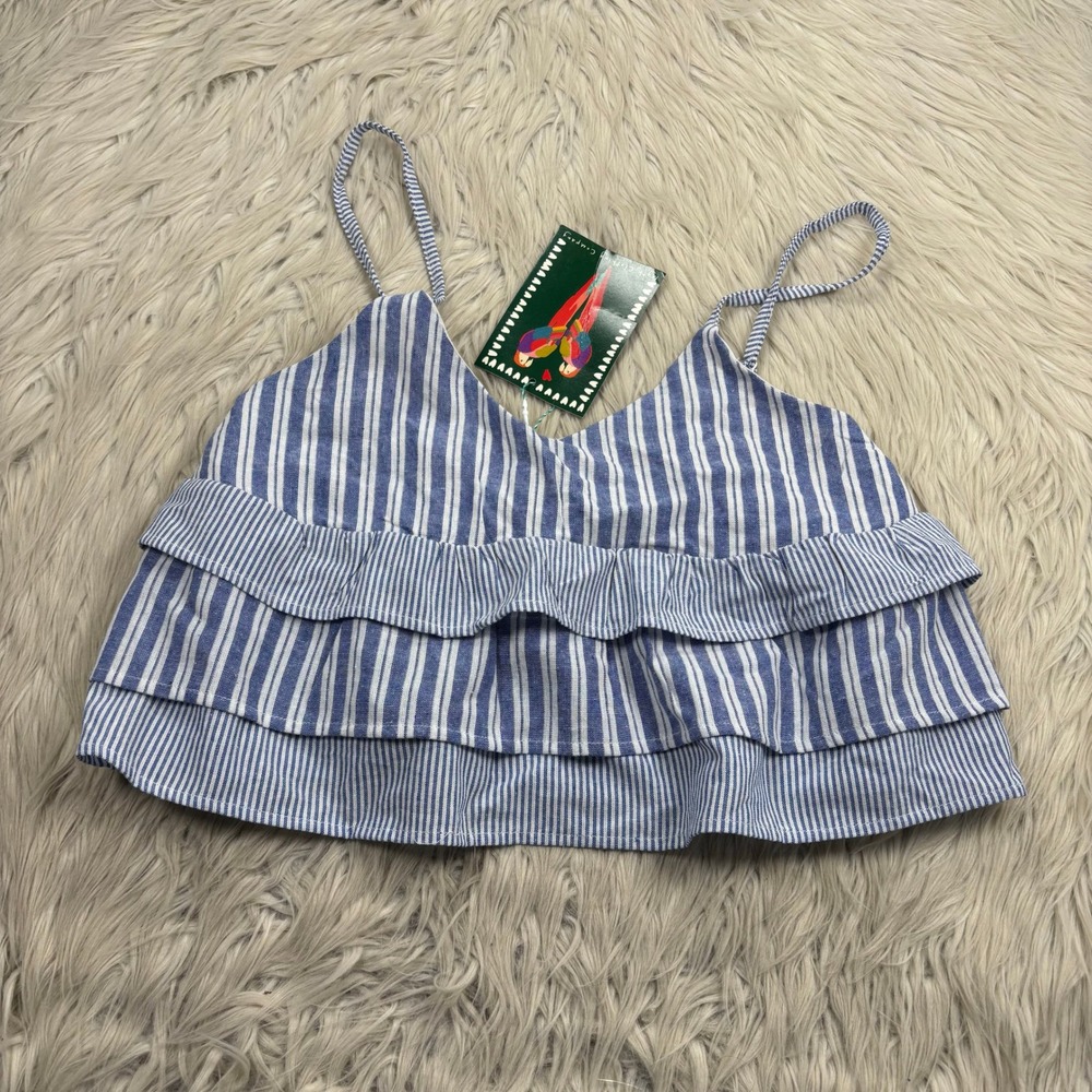 NWT Live 4 Truth Women's XS Blue Striped Tiered V-Neck Cropped Tank Coastal Boho